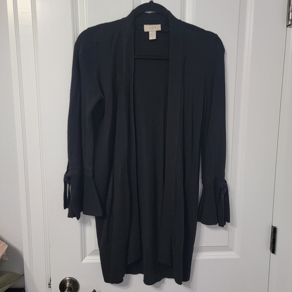 Loft Black Cardigan Sweater w/ Tie Sleeves Size XS